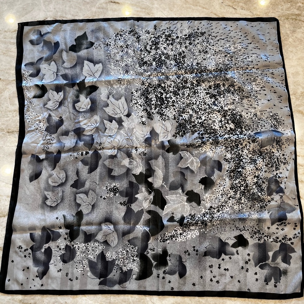 Silk Leaf Print Square Scarf‎ 30x30 Black Gray White Elegant Lightweight